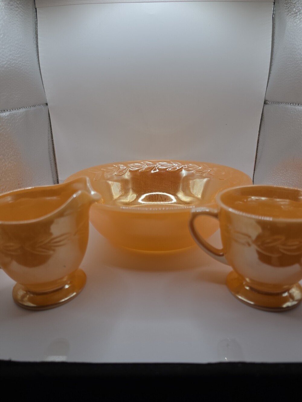 Vintage Fire King Lustre Ware Peach Laurel Leaf Bowl, Sugar Bowl Creamer Set EUC